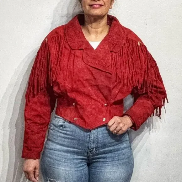Outerbound by HMS Red Cropped Fringe Vintage Leather Jacket Sz M - Picture 1 of 16